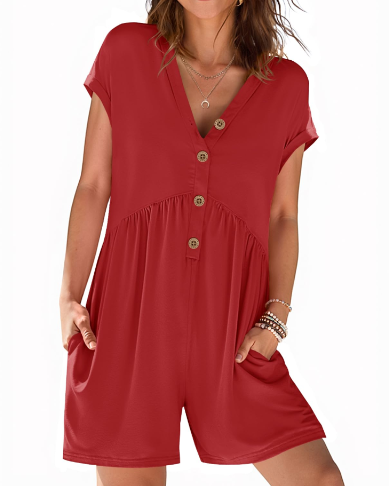 Audrey Combishort Femme Été – Col V Boutonné & Taille Élastique avec Poches