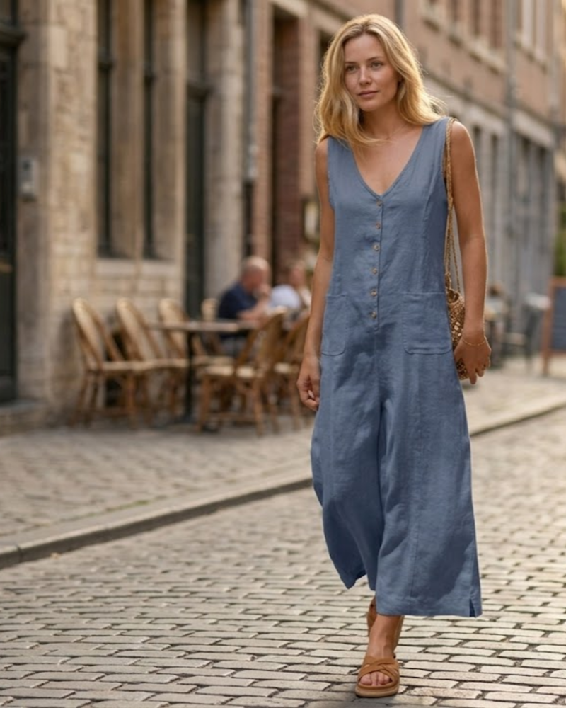 Grace Combinaison Femme Été – Lin Coton Col V Boutonné avec Poches