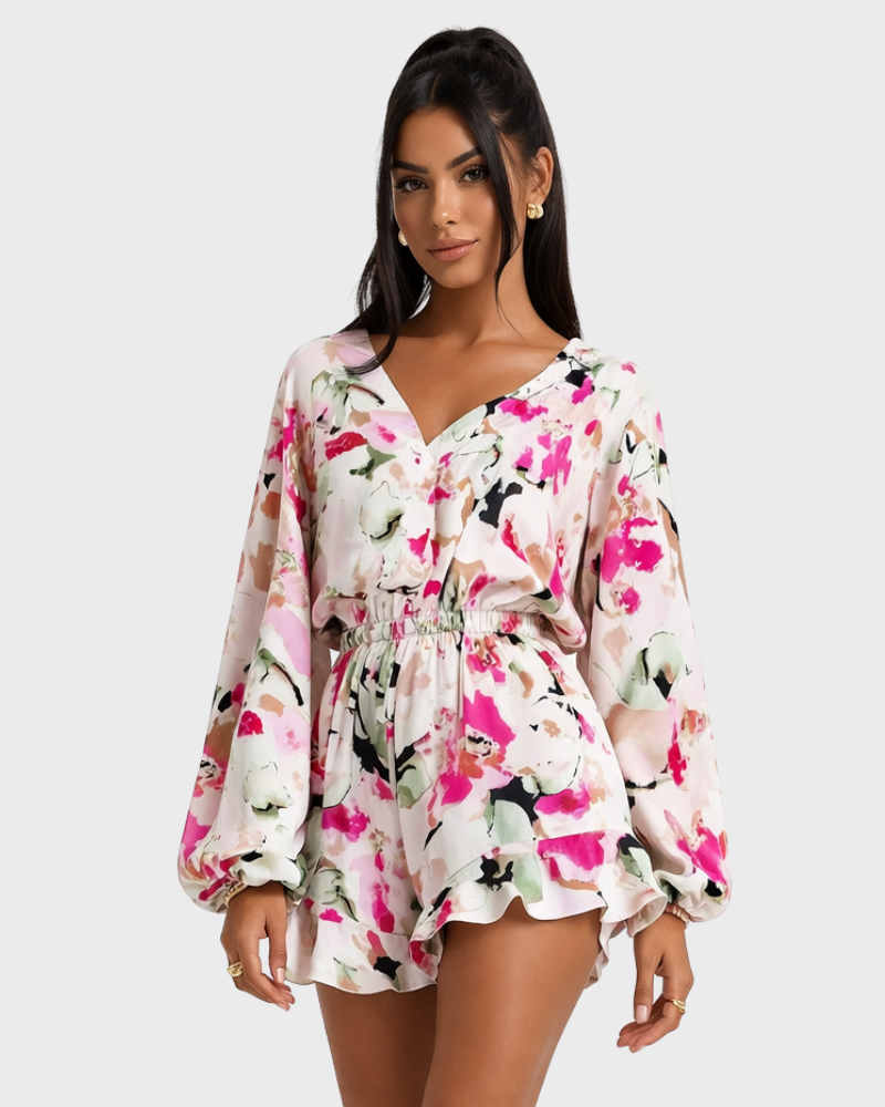 Mia Dámský Kombinézový Šortky – Zapínání na Knoflíky, Elastický Pas a Nabírané Rukávy