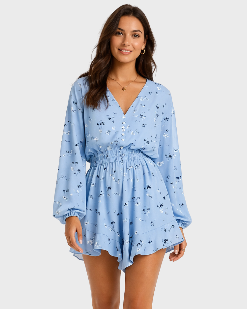 Mia Dámský Kombinézový Šortky – Zapínání na Knoflíky, Elastický Pas a Nabírané Rukávy