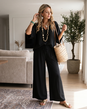 Giada Ensemble Femme 2 Pièces – Haut Col V à Manches Bouffantes & Pantalon Large