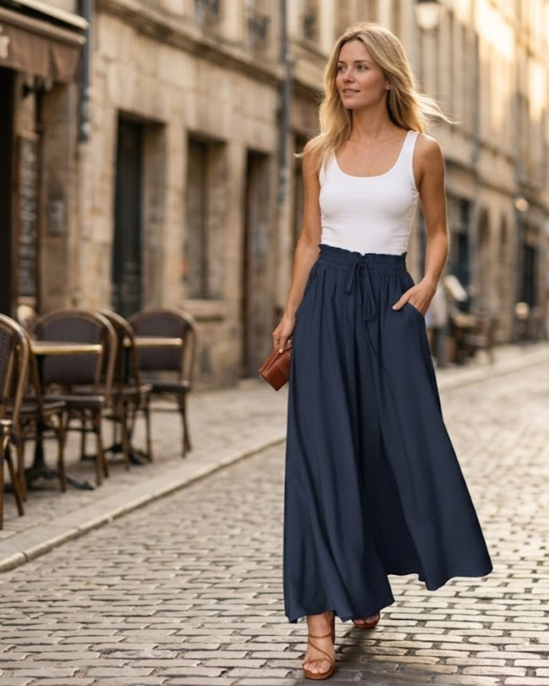Sara Palazzo Broek Dames – Wijde Hoge Taille Broek met Zakjes & Koord