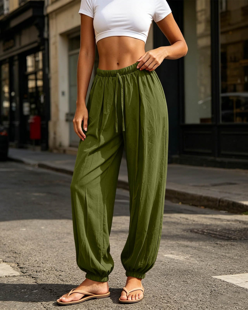 Lydia Pantalón Sarouel para Mujer – Pantalón Ligero de Algodón y Lino con Cordón y Bolsillos