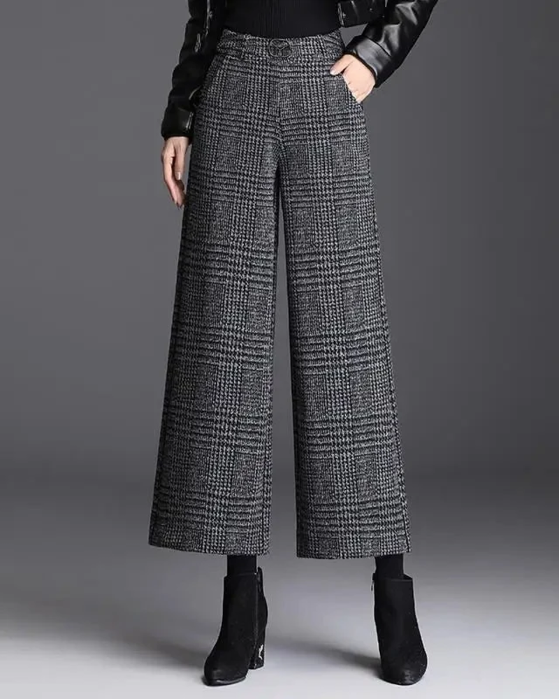 Dámske nohavice Odette – široké nohavice s vysokým pásom a károvaným vzorom, elegantný moderný strih