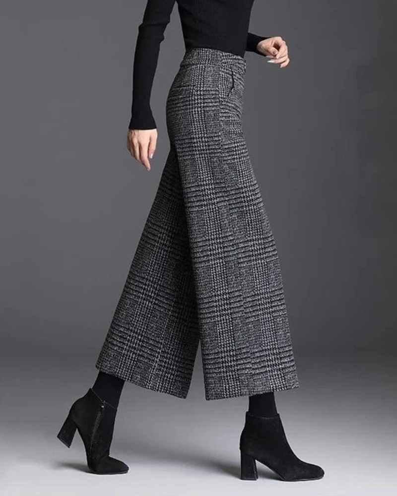 Dámske nohavice Odette – široké nohavice s vysokým pásom a károvaným vzorom, elegantný moderný strih