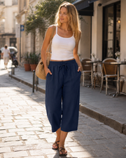 Kris Women's Pants – High Waist Capri Palazzo with Drawstring & Pockets Summer