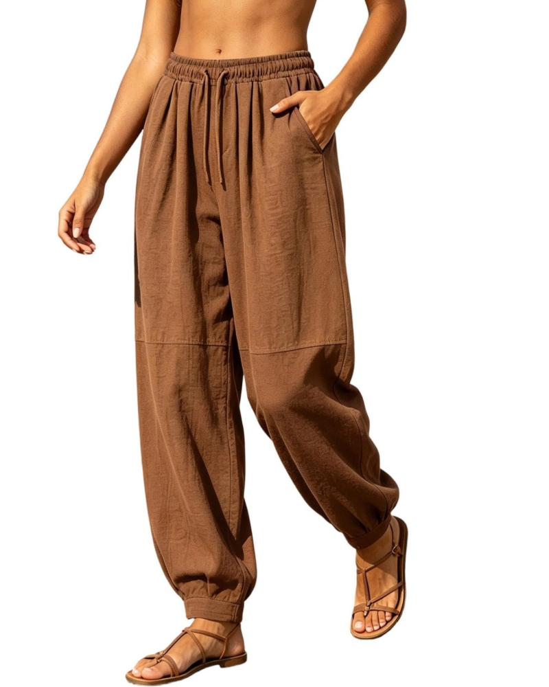 Harper Pantalón Jogger de Lino para Mujer – Pantalón Bohemio Ajustable con Bolsillos