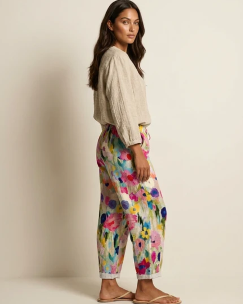 Nerina Damesbroek – Vloeiende Broek met Bloemenprint, Elastische Taille, Boheemse Stijl