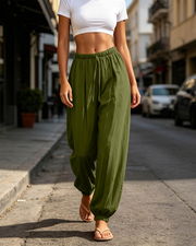 Lydia Pantalón Sarouel para Mujer – Pantalón Ligero de Algodón y Lino con Cordón y Bolsillos