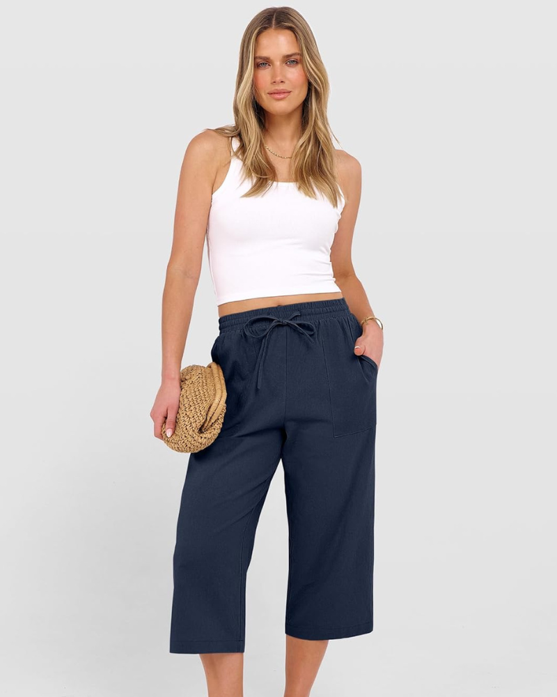 Kris Women's Pants – High Waist Capri Palazzo with Drawstring & Pockets Summer