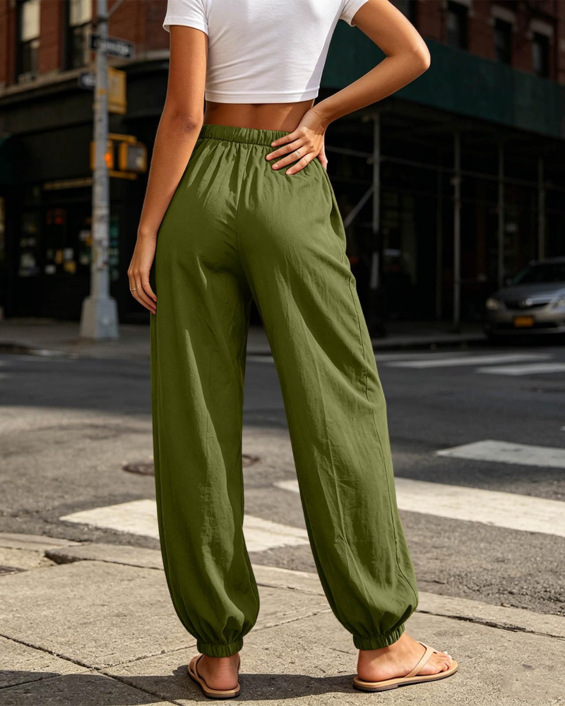 Lydia Pantalón Sarouel para Mujer – Pantalón Ligero de Algodón y Lino con Cordón y Bolsillos