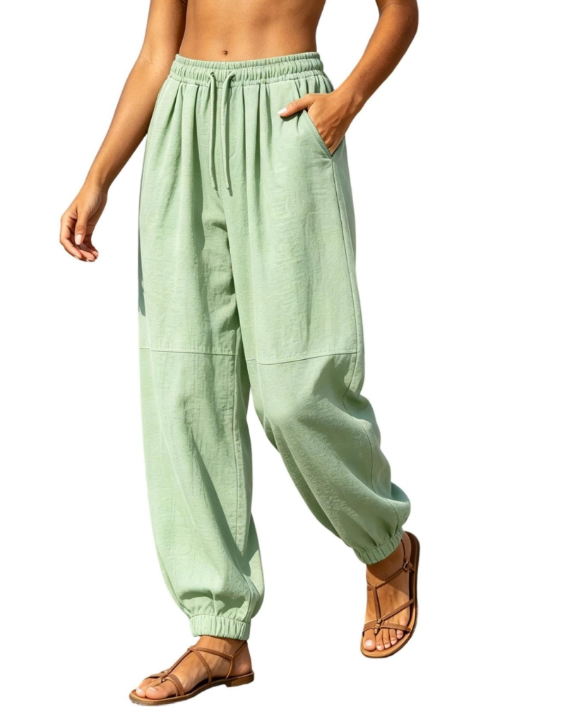 Harper Pantalón Jogger de Lino para Mujer – Pantalón Bohemio Ajustable con Bolsillos