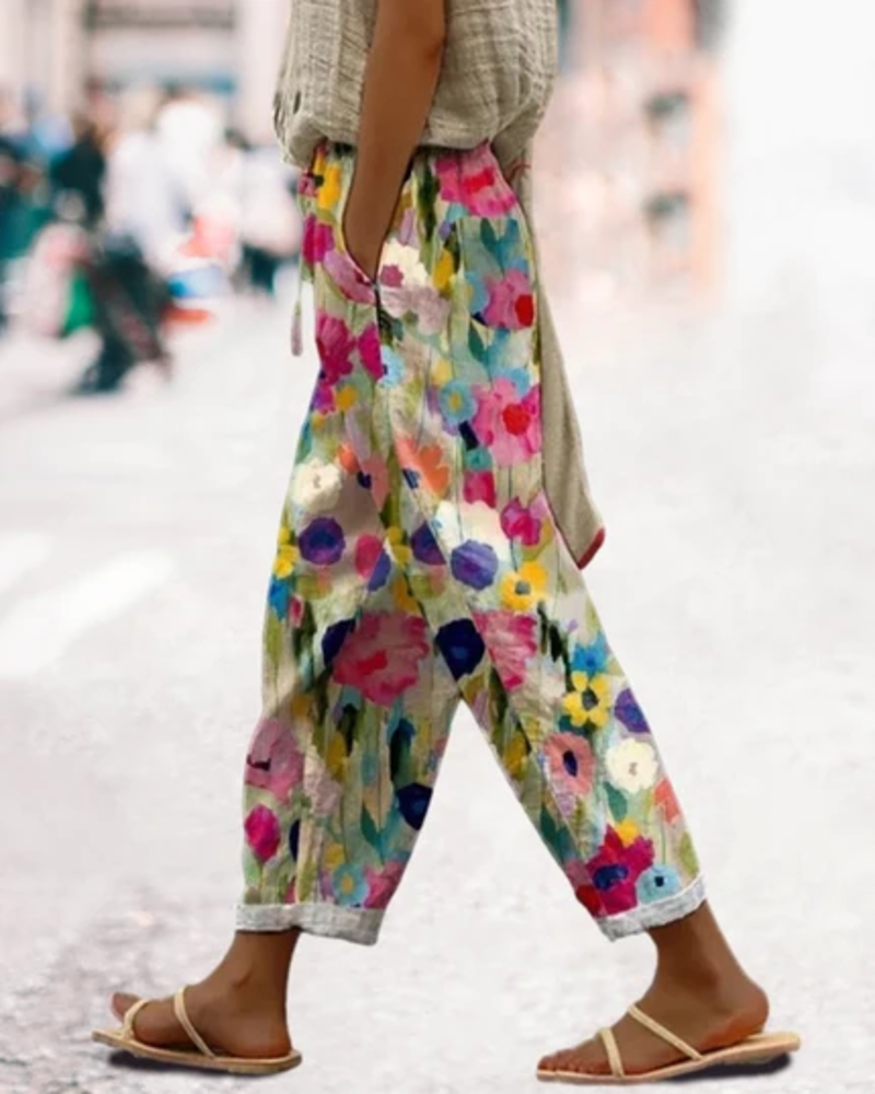 Nerina Damesbroek – Vloeiende Broek met Bloemenprint, Elastische Taille, Boheemse Stijl