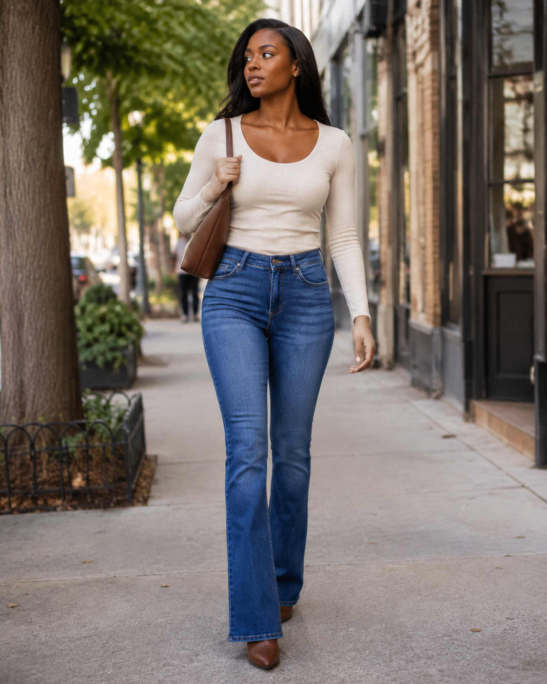Théolane Jean Flare Feminino – Jeans Evasé de Cintura Alta em Algodão com Bolsos
