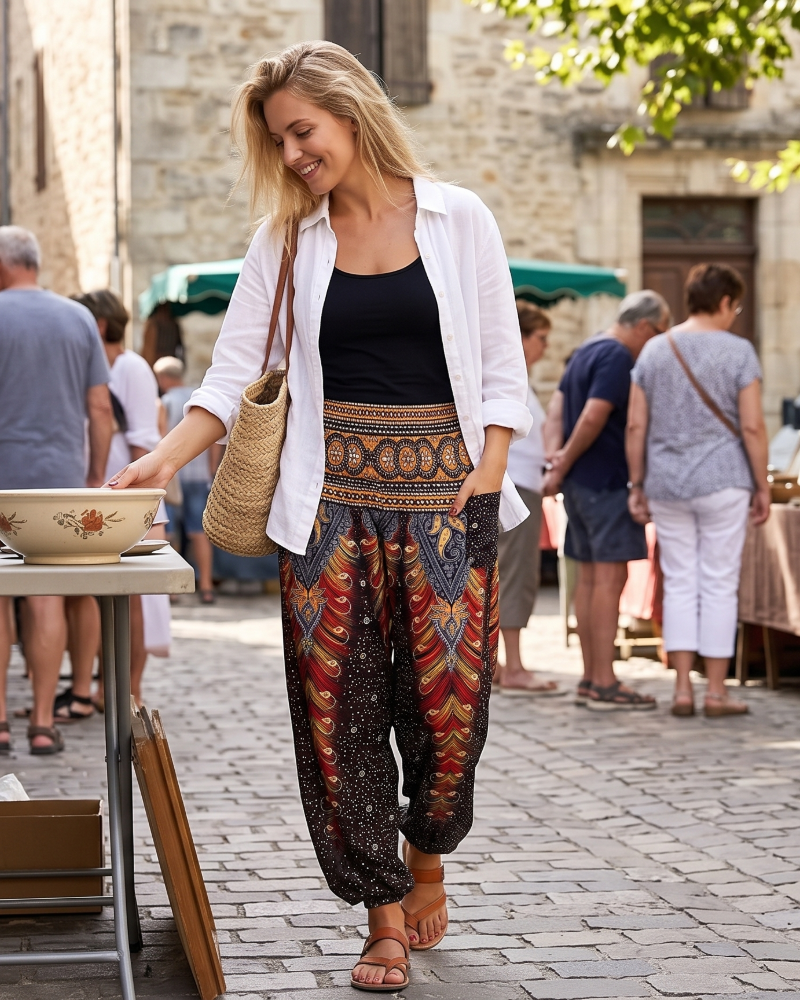 Maya harembroek dames bohemien – Aladin broek met smock taille en zakken