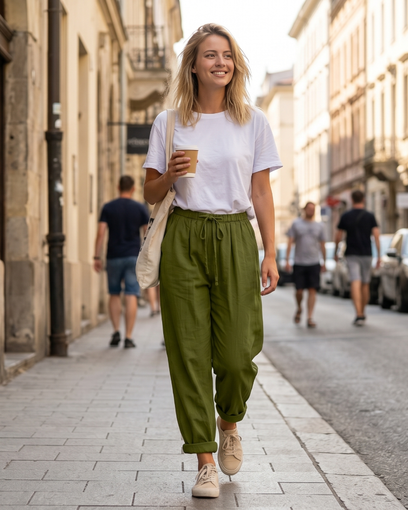 Lydia Pantalon Sarouel Femme – Pantalon Léger en Coton Lin avec Cordon & Poches