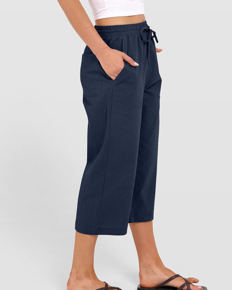 Kris Women's Pants – High Waist Capri Palazzo with Drawstring & Pockets Summer