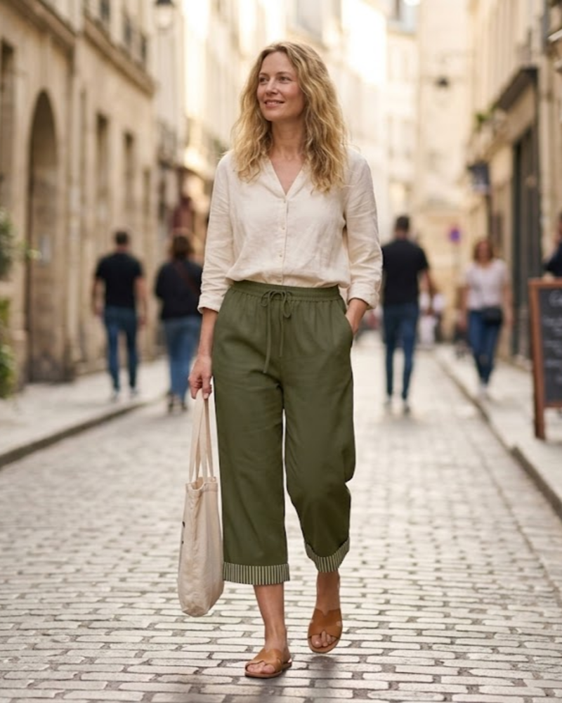 Clara Capri Broek Dames van Linnen – 3/4 Elastische Taille Broek met Zakjes