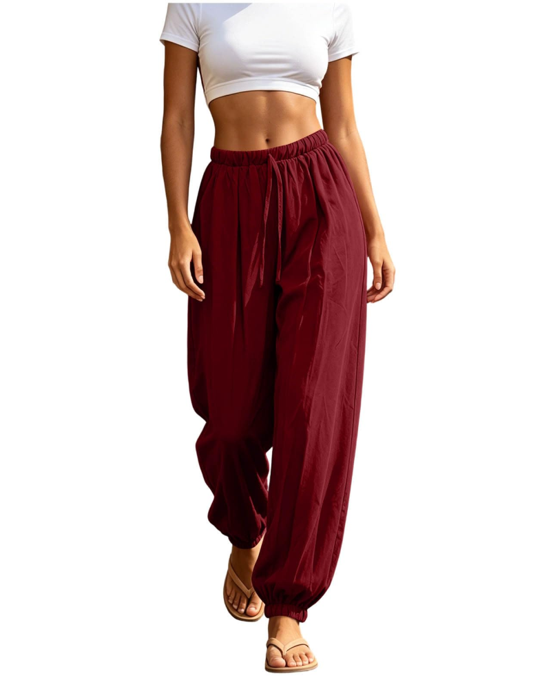 Lydia Pantalón Sarouel para Mujer – Pantalón Ligero de Algodón y Lino con Cordón y Bolsillos