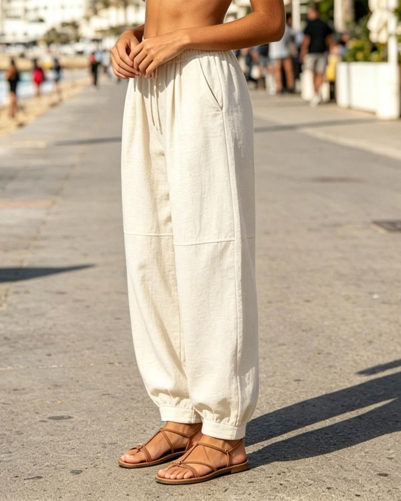 Harper Pantalón Jogger de Lino para Mujer – Pantalón Bohemio Ajustable con Bolsillos