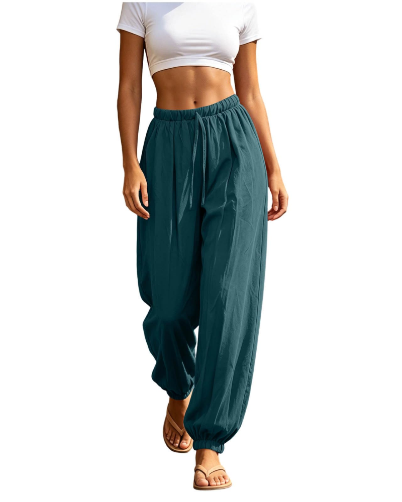 Lydia Pantalón Sarouel para Mujer – Pantalón Ligero de Algodón y Lino con Cordón y Bolsillos