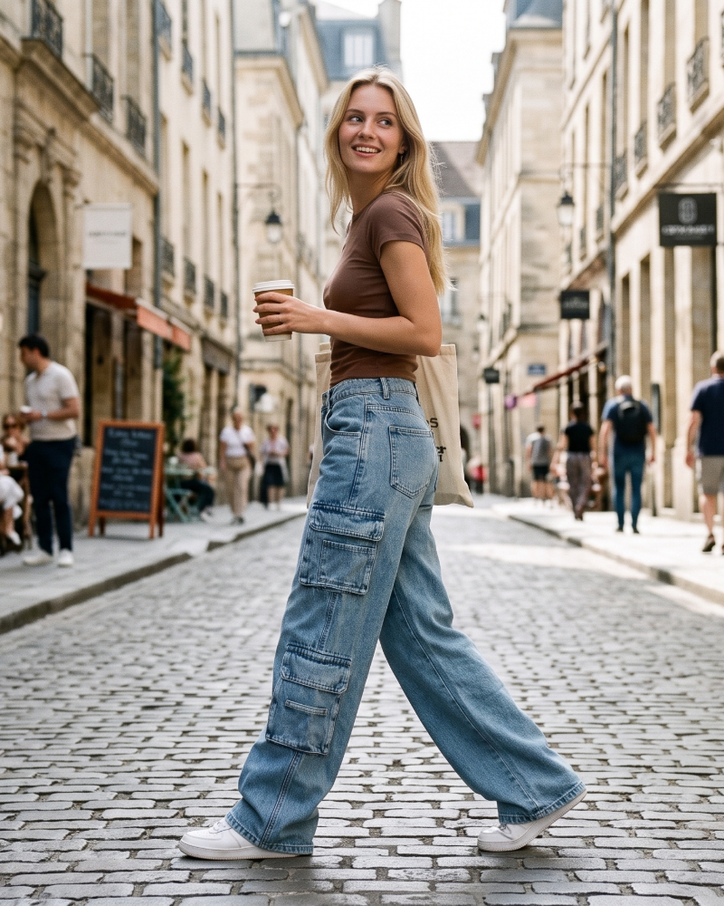 Reagan Jean Cargo pro ženy – Baggy džíny s širokými nohavicemi, kapsami ve stylu utility, retro denim