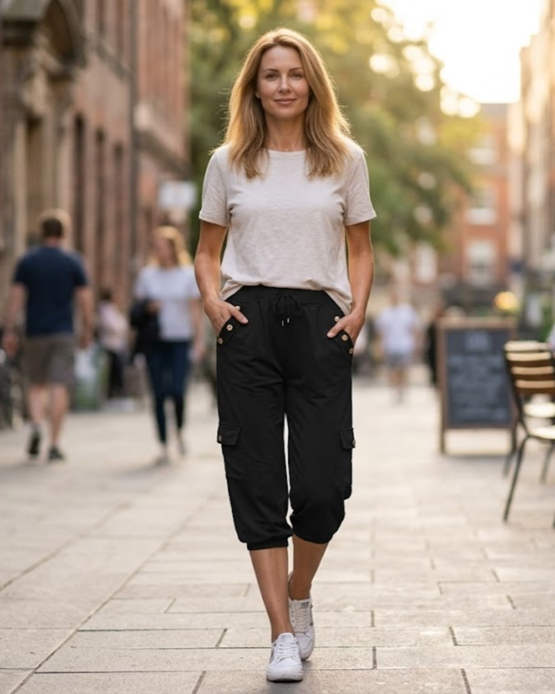 Léa Capri Broek Dames – 3/4 Hoge Taille Broek met Zakjes & Verstelbare Koord