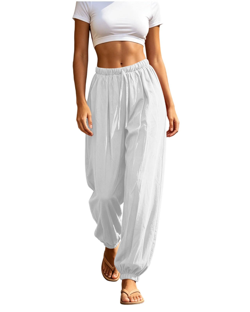 Lydia Pantalón Sarouel para Mujer – Pantalón Ligero de Algodón y Lino con Cordón y Bolsillos