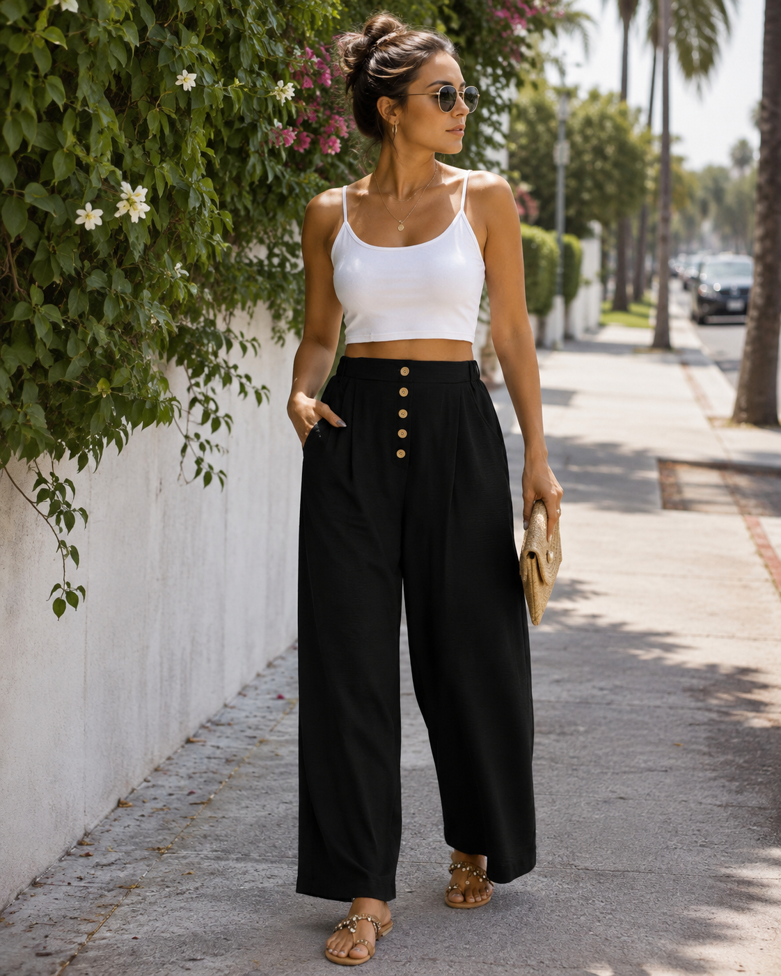 Pantalón palazzo de mujer Aveline – Tiro alto elástico, perneras anchas y botones