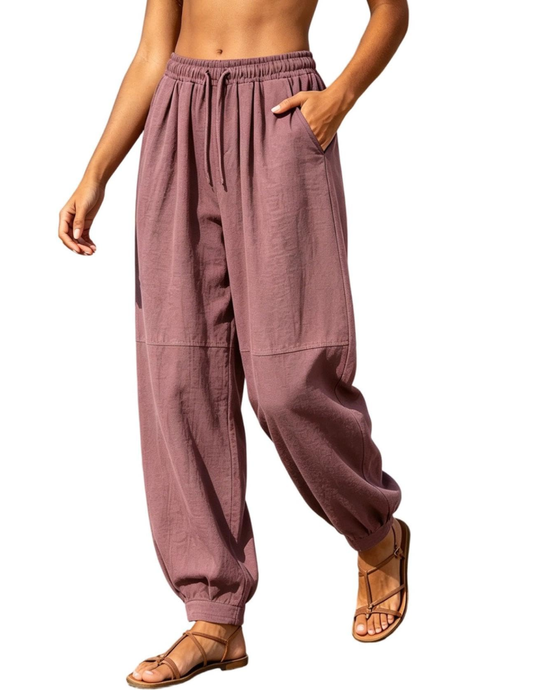 Harper Pantalón Jogger de Lino para Mujer – Pantalón Bohemio Ajustable con Bolsillos
