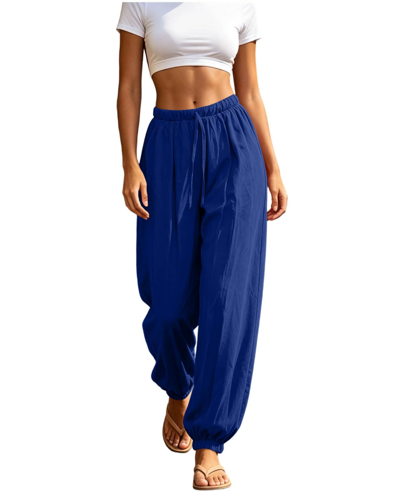 Lydia Pantalón Sarouel para Mujer – Pantalón Ligero de Algodón y Lino con Cordón y Bolsillos