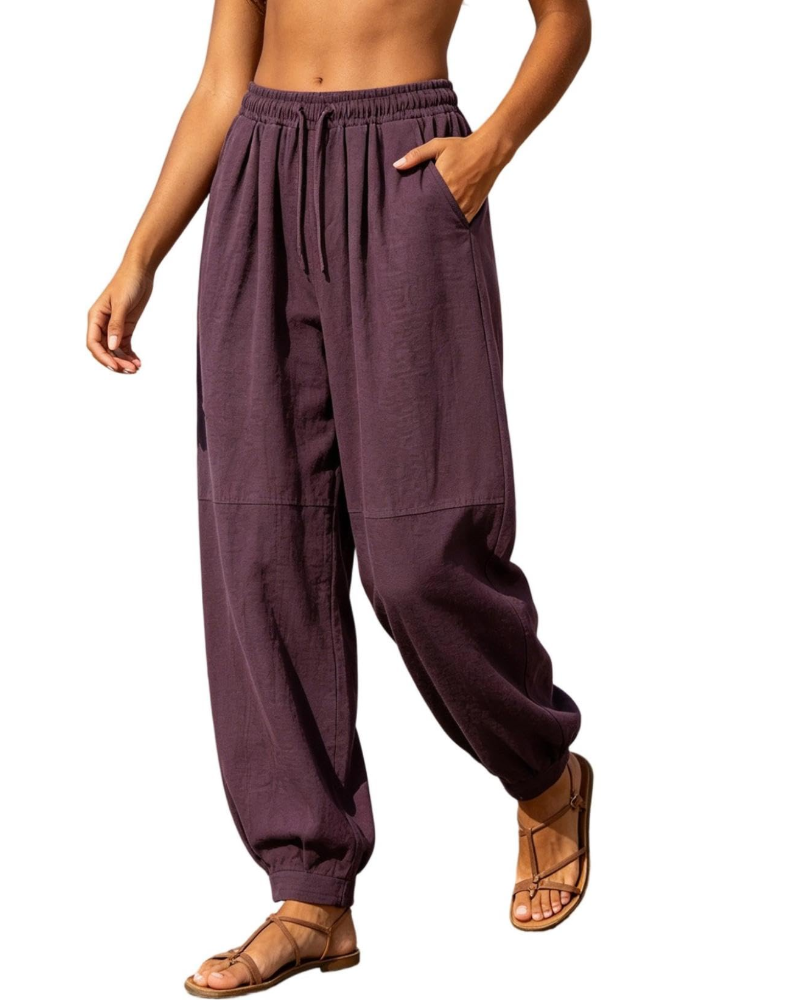 Harper Pantalón Jogger de Lino para Mujer – Pantalón Bohemio Ajustable con Bolsillos