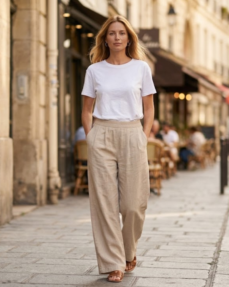 Blaire Pantalón Mujer de Lino – Pantalón Palazzo Ancho con Bolsillos y Cintura Elástica