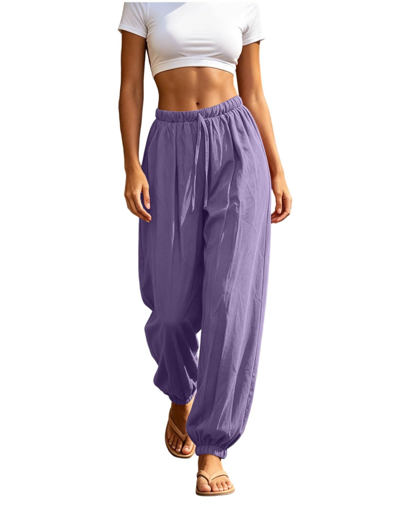 Lydia Pantalón Sarouel para Mujer – Pantalón Ligero de Algodón y Lino con Cordón y Bolsillos