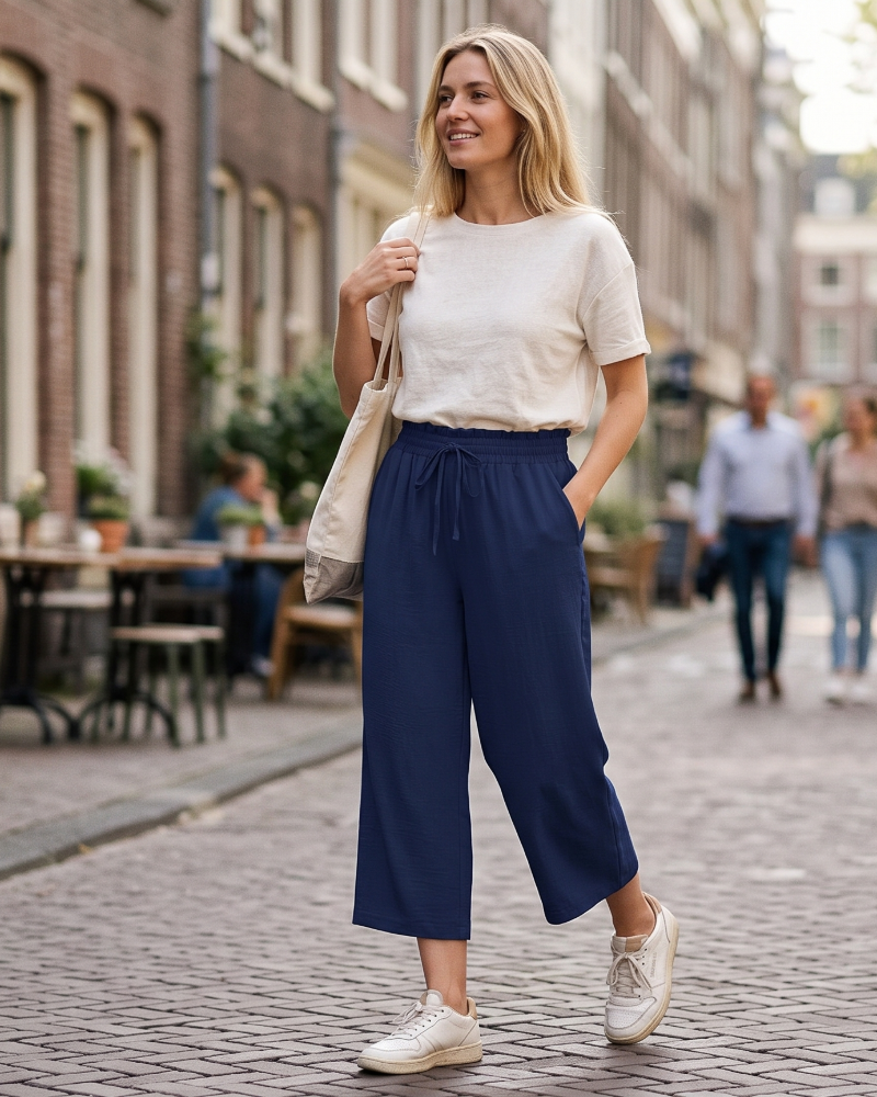Louise spodnie capri damskie – szerokie spodnie z wysokim stanem i kieszeniami