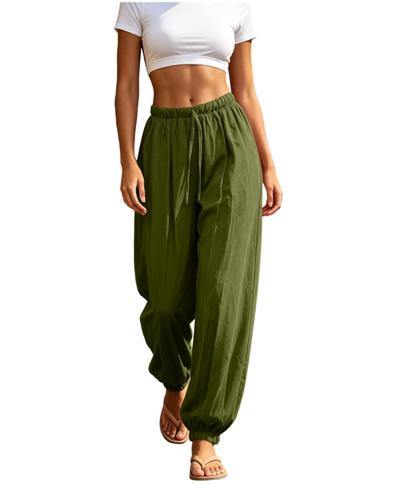 Lydia Pantalón Sarouel para Mujer – Pantalón Ligero de Algodón y Lino con Cordón y Bolsillos