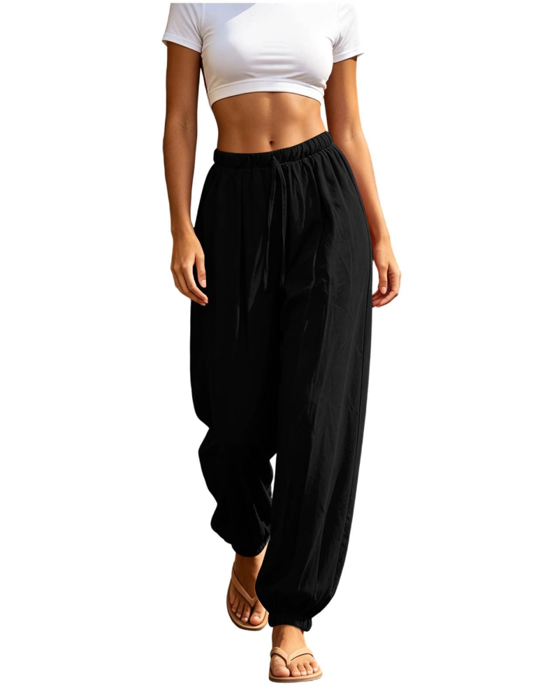 Lydia Pantalón Sarouel para Mujer – Pantalón Ligero de Algodón y Lino con Cordón y Bolsillos