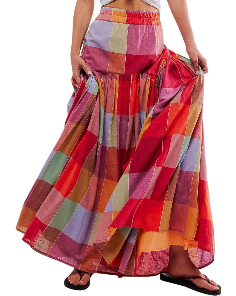 Nayla Falda Maxi Mujer – Falda de Cuadros Multicolor Cintura Alta Fruncida