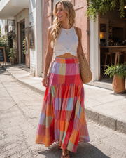 Nayla Falda Maxi Mujer – Falda de Cuadros Multicolor Cintura Alta Fruncida