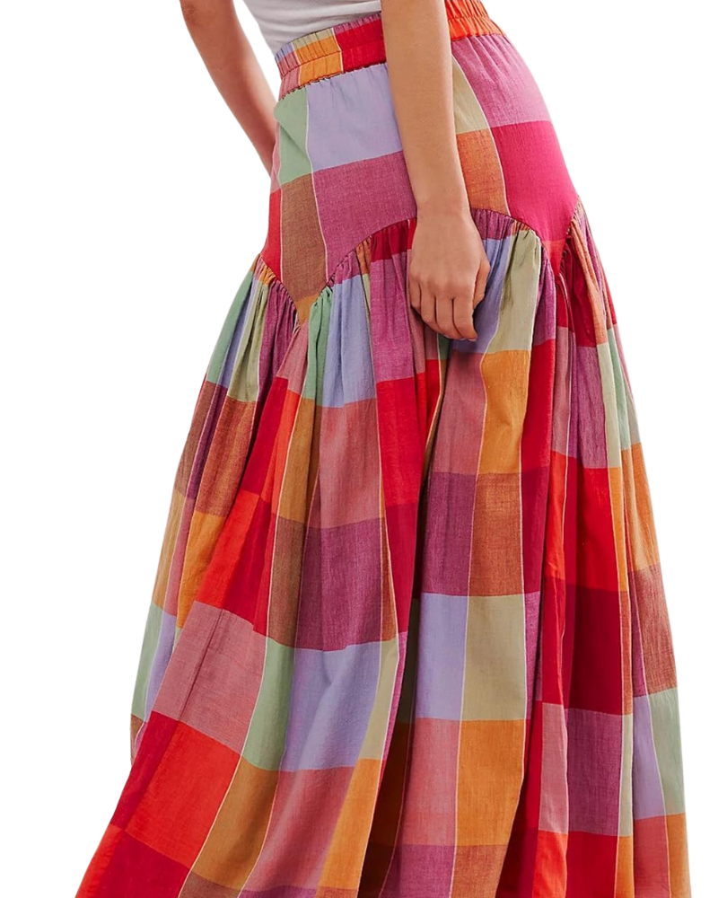 Nayla Falda Maxi Mujer – Falda de Cuadros Multicolor Cintura Alta Fruncida