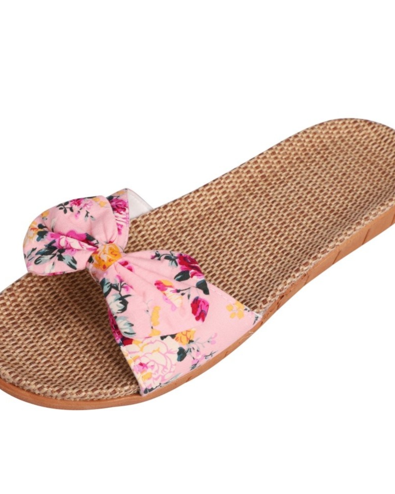 Bella sandali piatti da donna in lino – mule estive traspiranti con fiocco