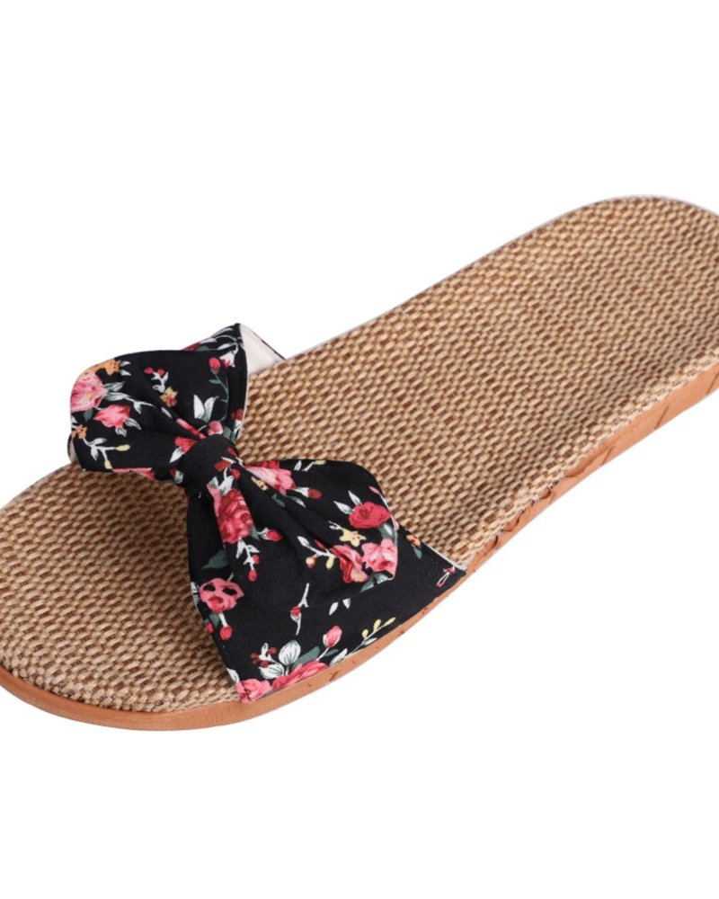 Bella sandali piatti da donna in lino – mule estive traspiranti con fiocco