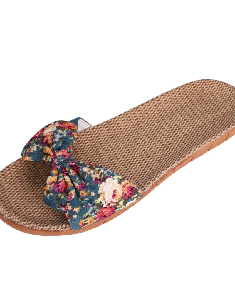 Bella sandali piatti da donna in lino – mule estive traspiranti con fiocco