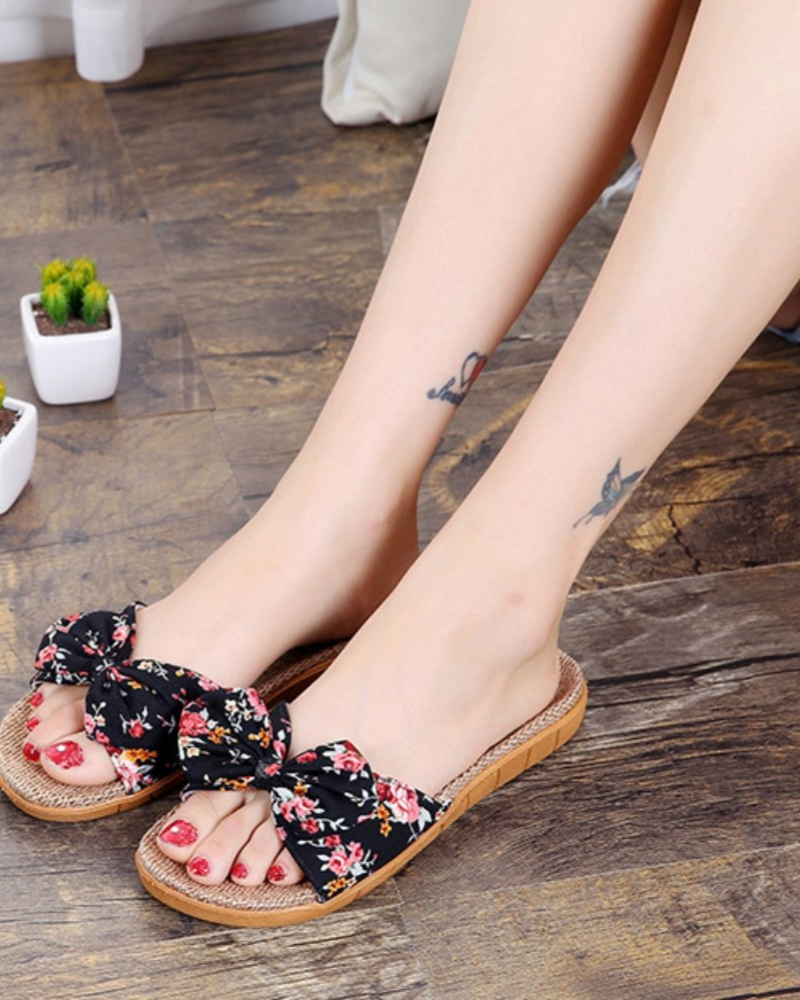 Bella sandali piatti da donna in lino – mule estive traspiranti con fiocco