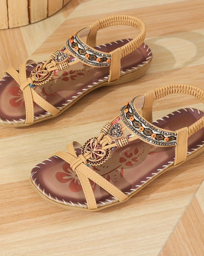 Serena Sandały Boho Damskie – Letnie sandały z cyrkoniami i elastycznymi paskami