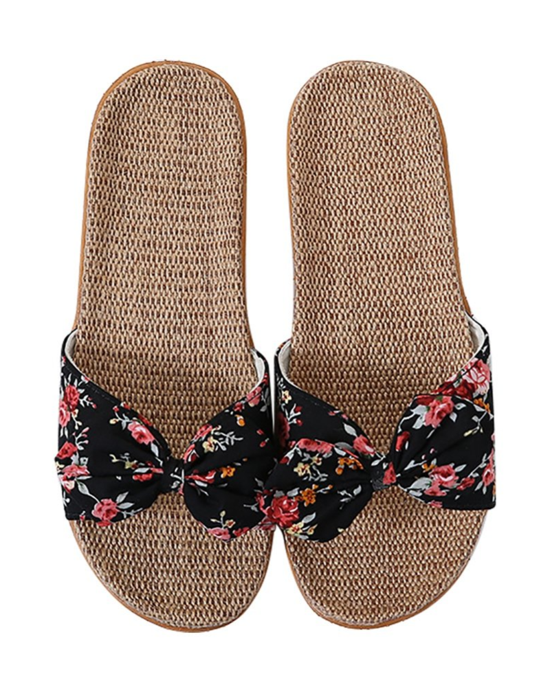 Bella sandali piatti da donna in lino – mule estive traspiranti con fiocco