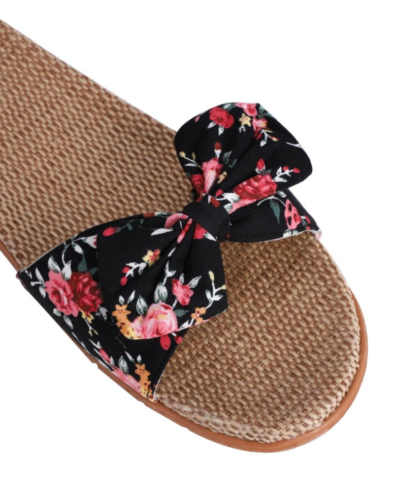 Bella sandali piatti da donna in lino – mule estive traspiranti con fiocco