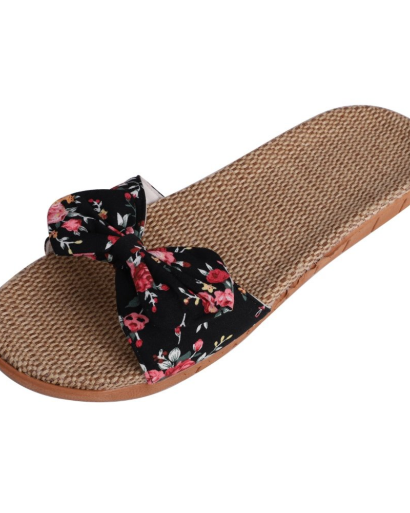 Bella sandali piatti da donna in lino – mule estive traspiranti con fiocco
