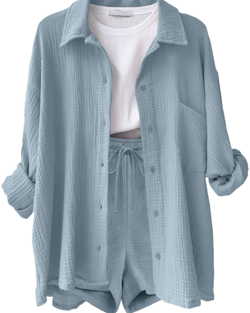Grace Ensemble Femme Coton & Lin – Chemise & Short 2 Pièces avec Cordon et Poches