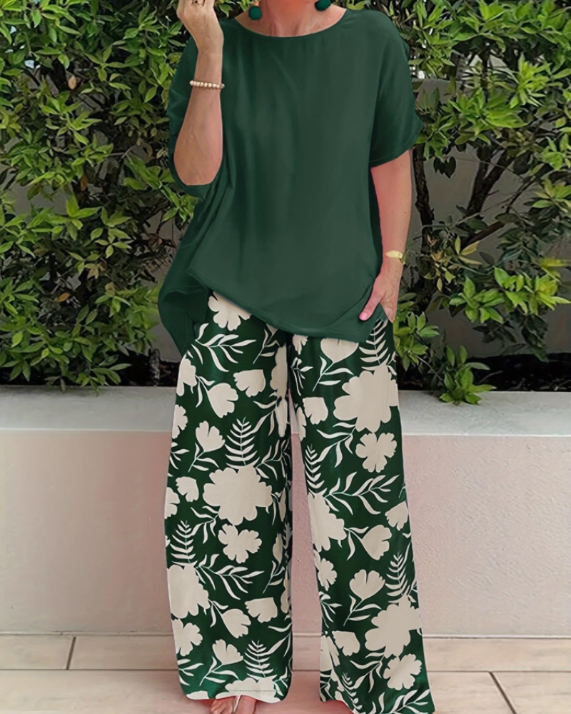 Madison Ensemble Femme 2 Pièces – Haut Fleuri & Pantalon Ample Élégant d'Été